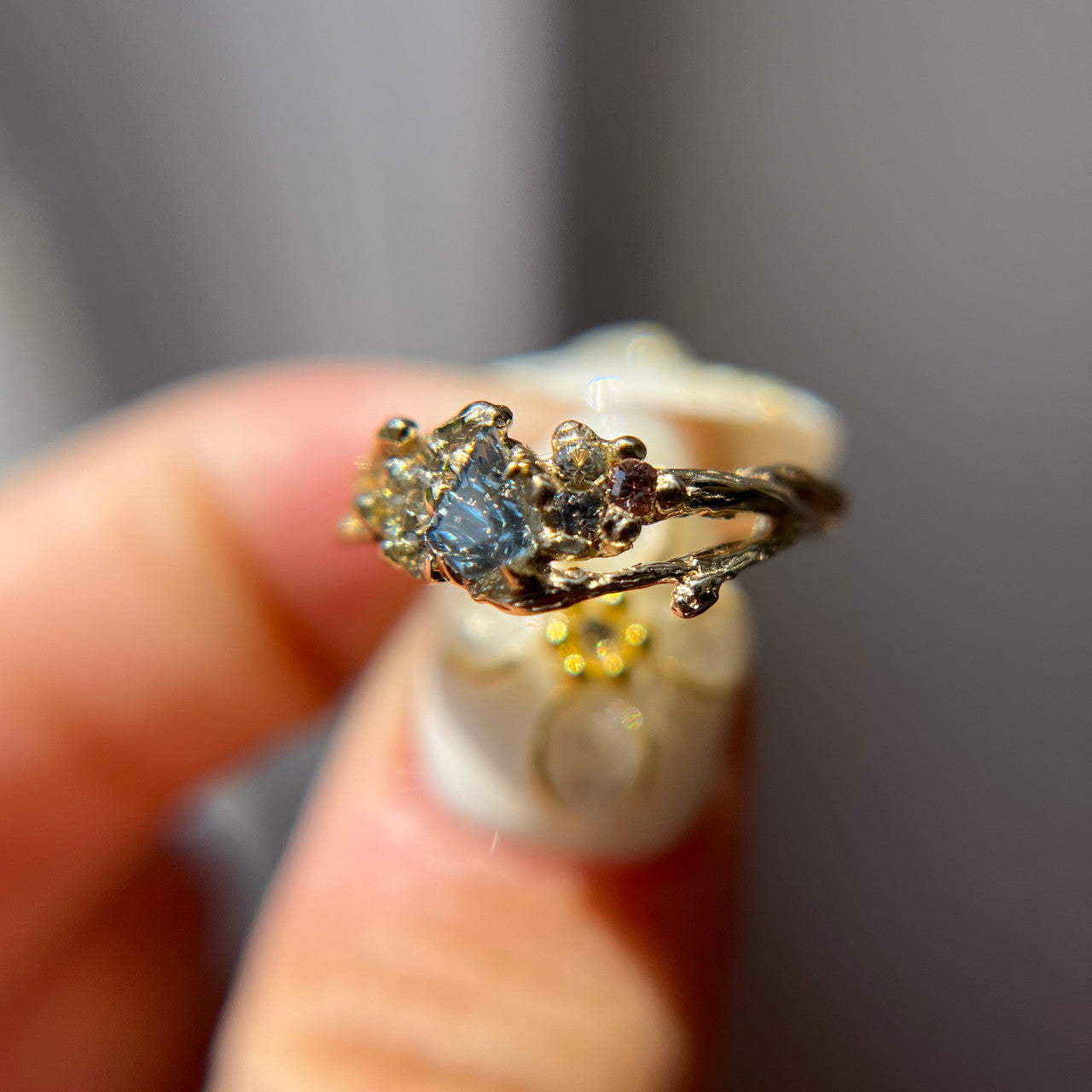 OOAK - Feyre Cluster Ring with a Light Blue Leaf Shaped Sapphire Deep Concave™ Cut by John Dyer