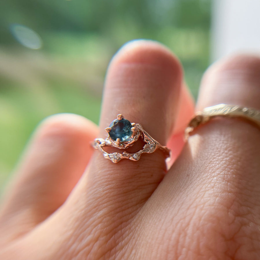 14K Rose Gold Demi Naples Dark Teal Montana Sapphire Half Halo Ring by Olivia Ewing Jewelry