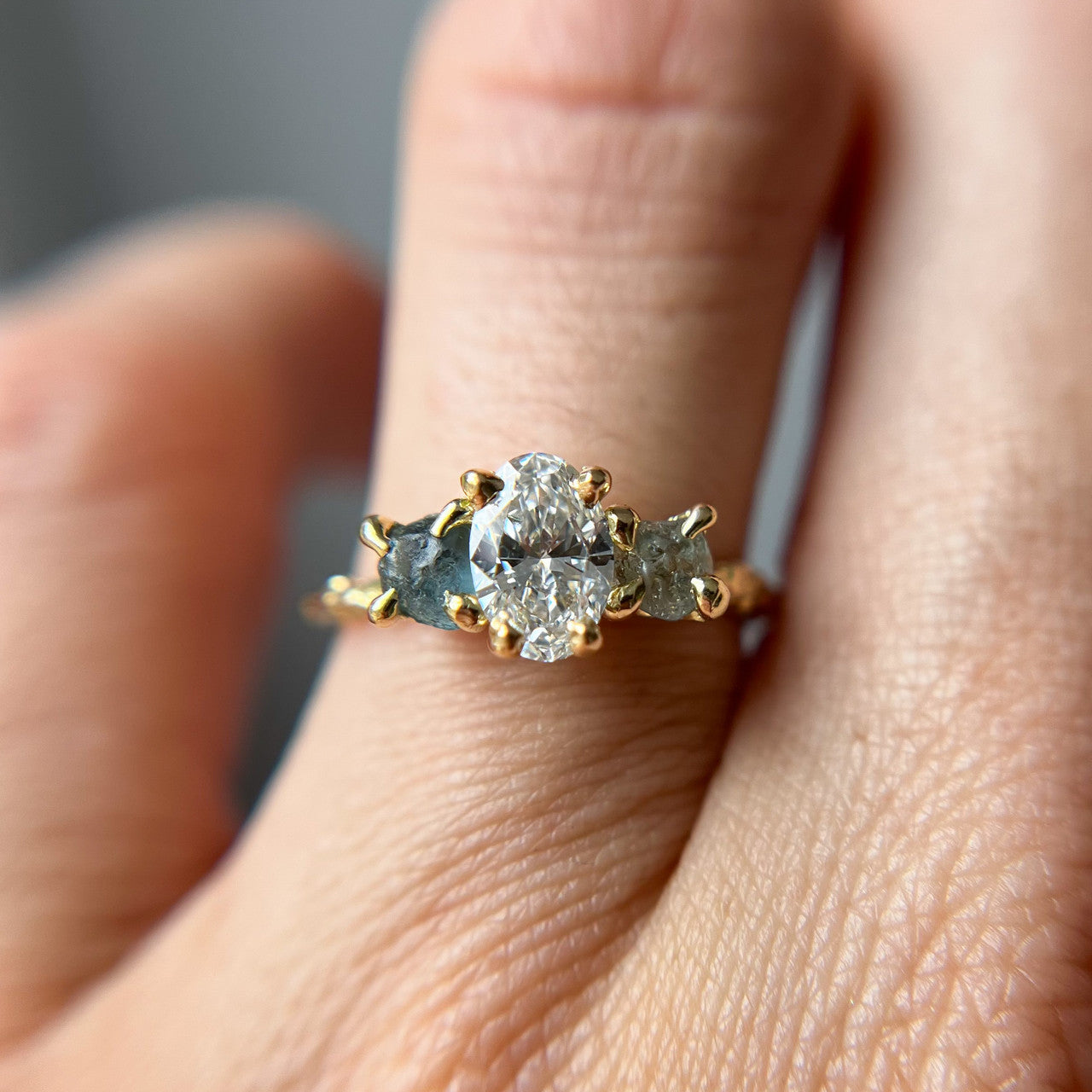 Naples Oval Diamond and Montana Sapphire Three Stone Ring