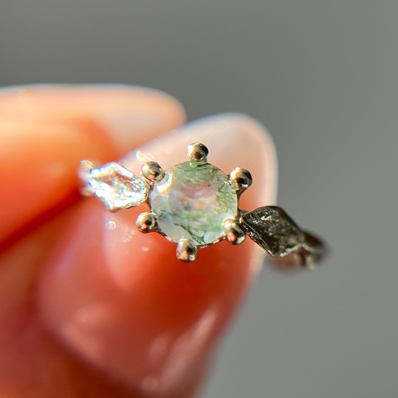 14K White Gold Flora Moss Agate Solitaire Ring