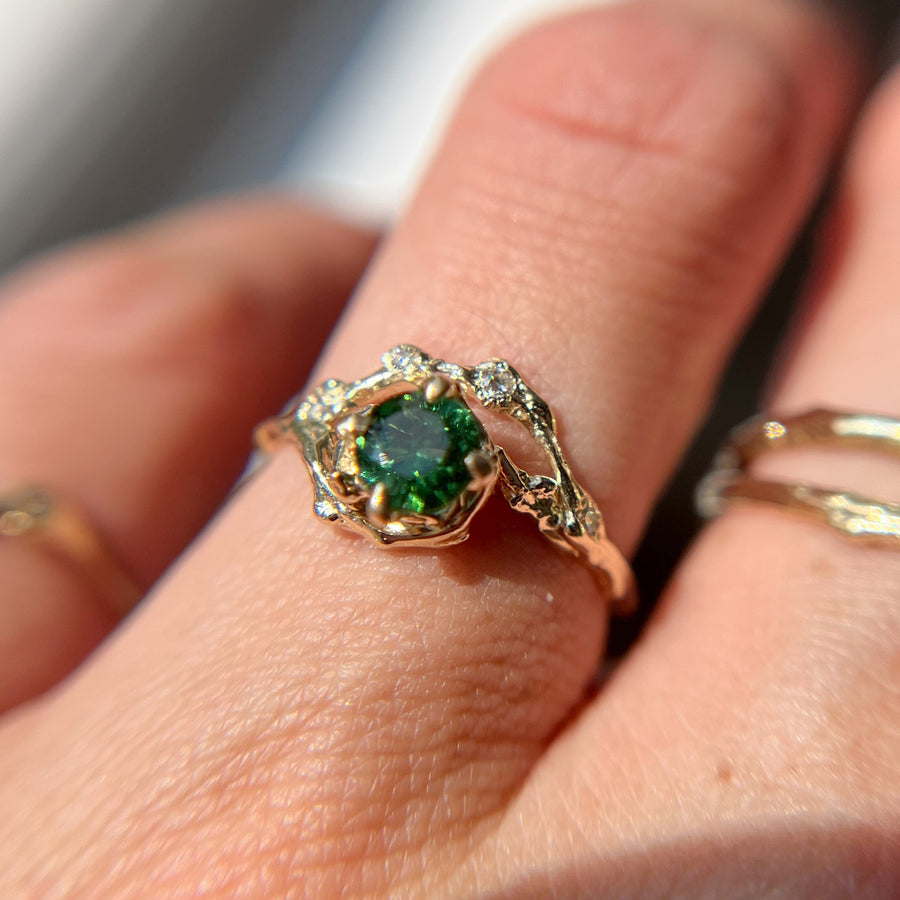 14K Yellow Gold Demi Naples Green Sapphire Half Halo Ring