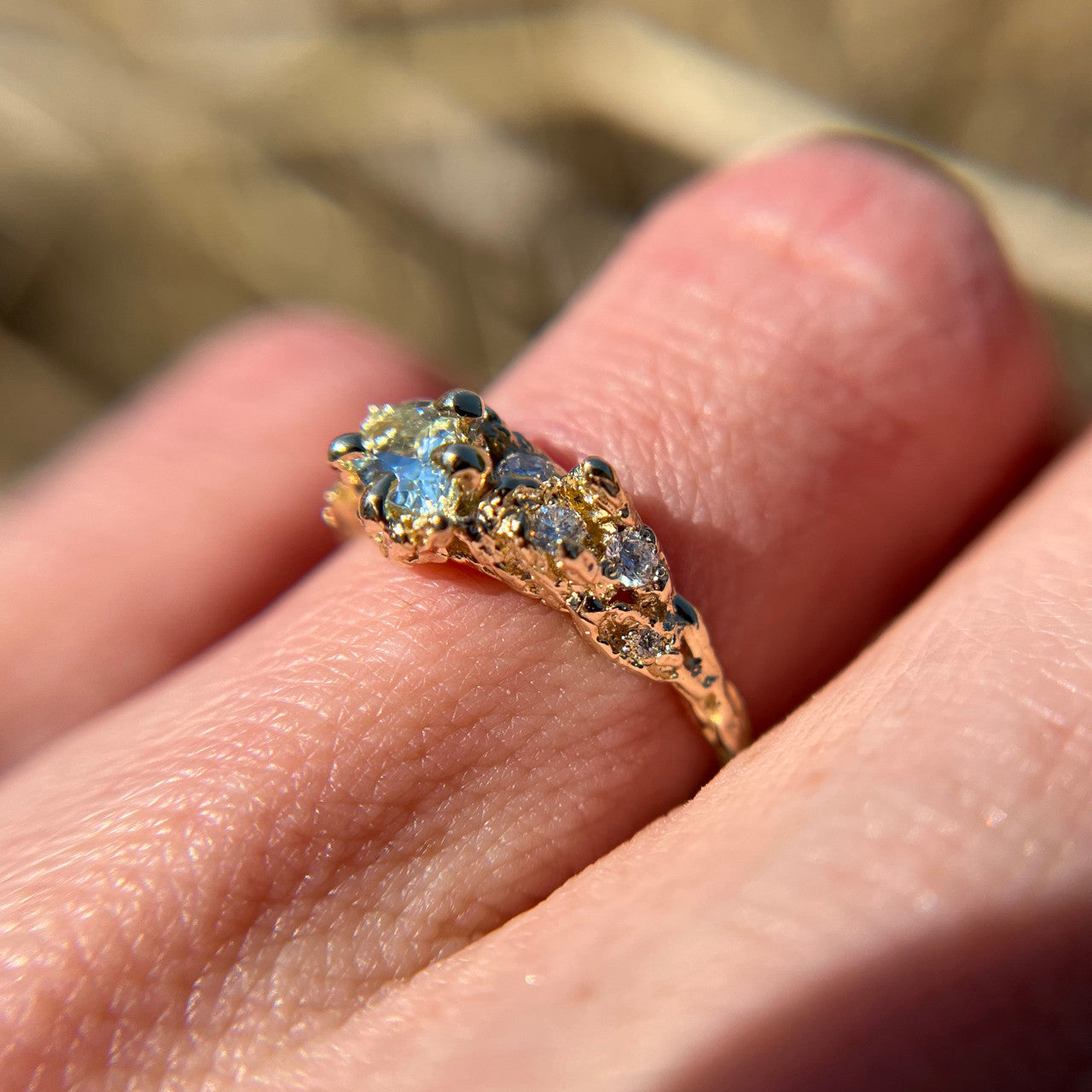 18K Yellow Gold Juniper Aquamarine & Diamond Cluster Ring