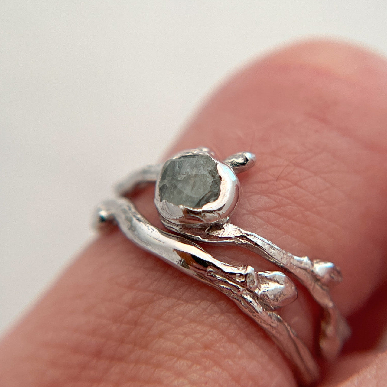 14K White Gold Verona Rough Montana Sapphire Bezel Ring by Olivia Ewing Jewelry