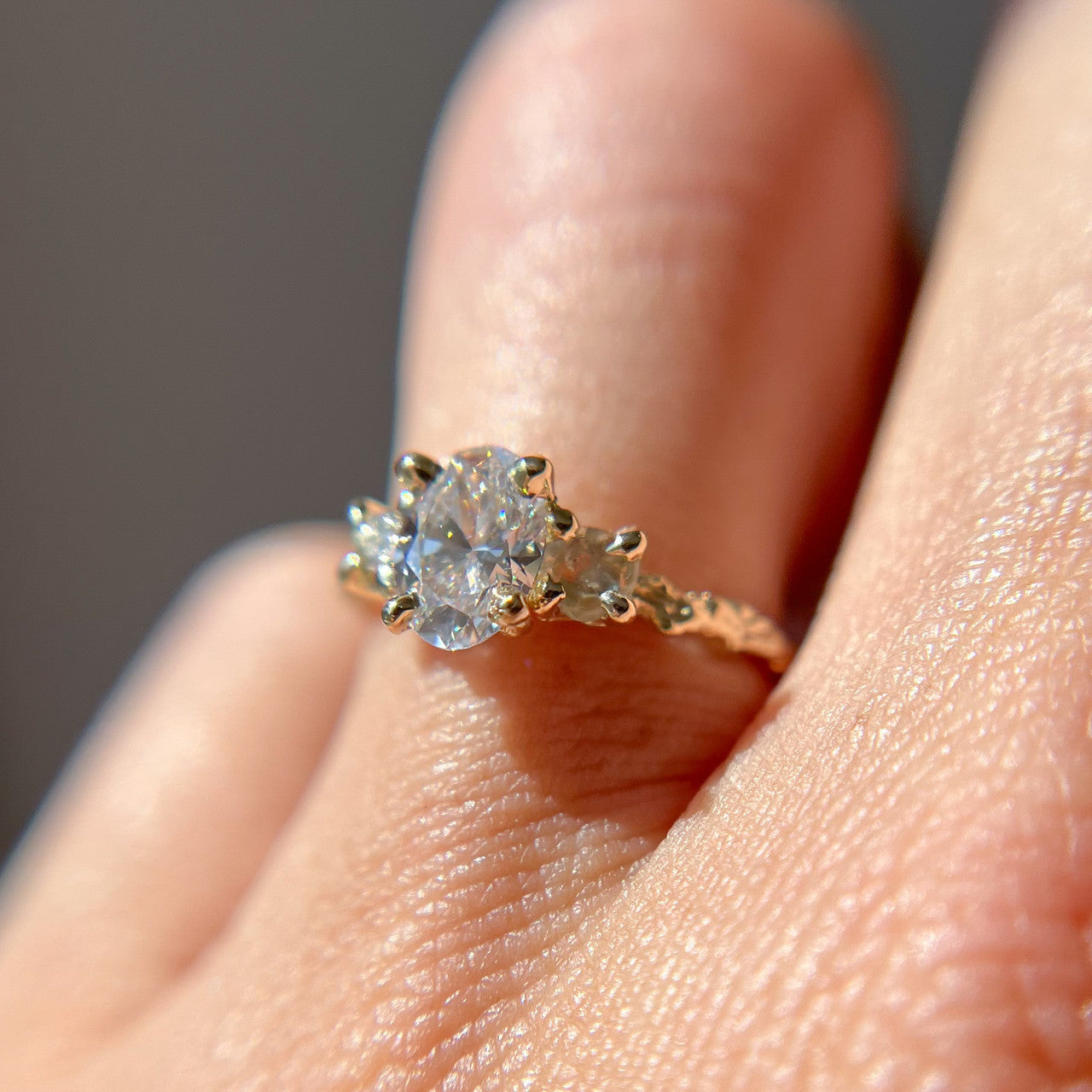 Naples Oval Diamond and Montana Sapphire Three Stone Ring