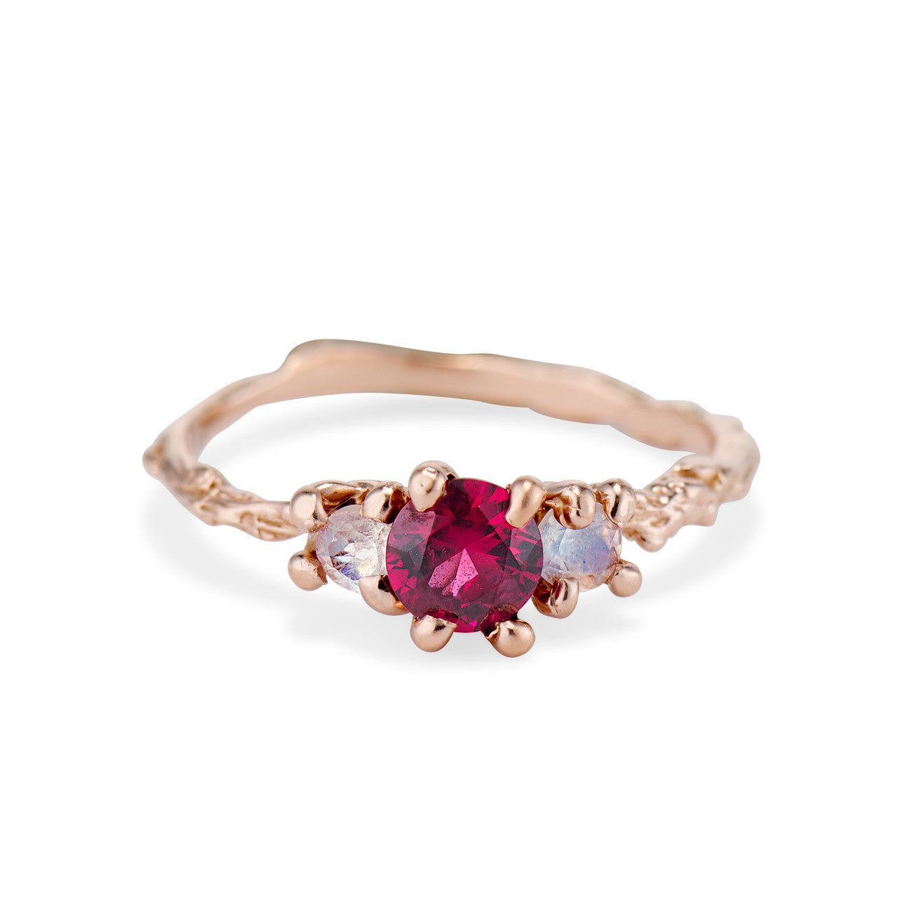 Naples Garnet and Moonstone Three Stone Engagement Ring by Olivia Ewing Jewelry