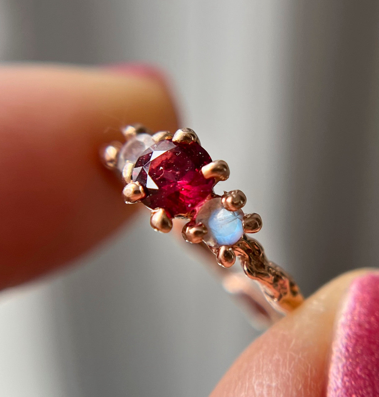 Naples Garnet and Moonstone Three Stone Ring  - Ready To Ship