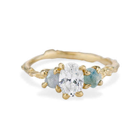 Naples Oval Diamond and Montana Sapphire Three Stone Ring
