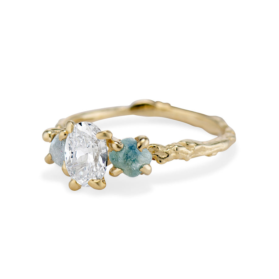 Naples Oval Diamond and Montana Sapphire Three Stone Ring
