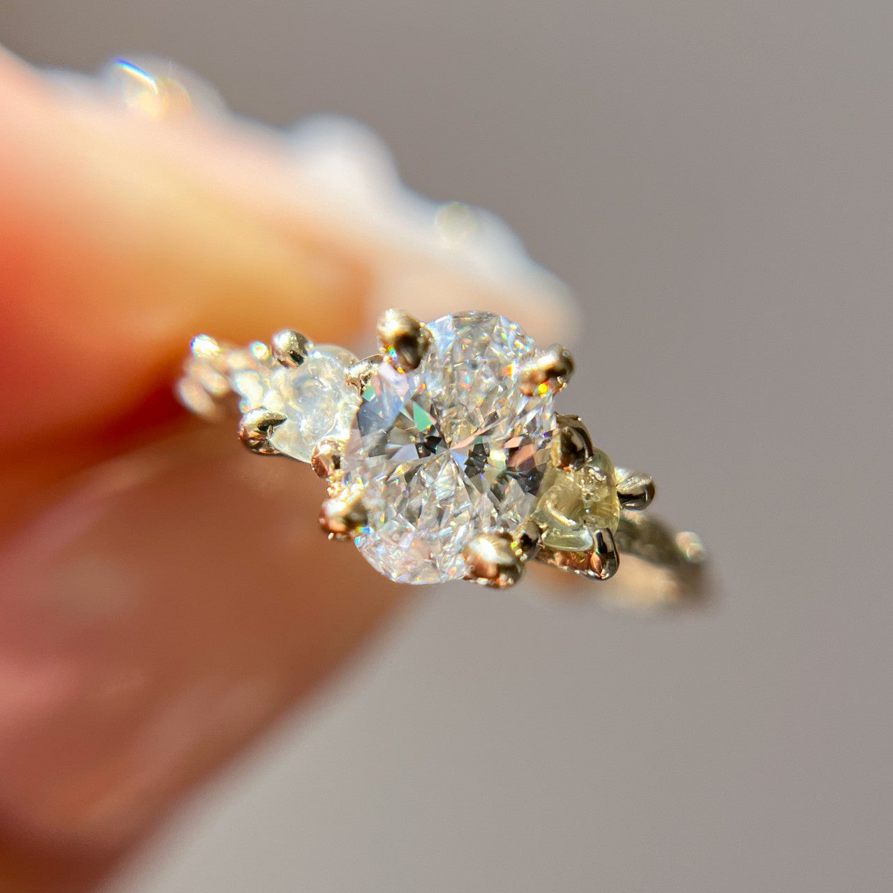 Naples Oval Diamond and Montana Sapphire Three Stone Ring