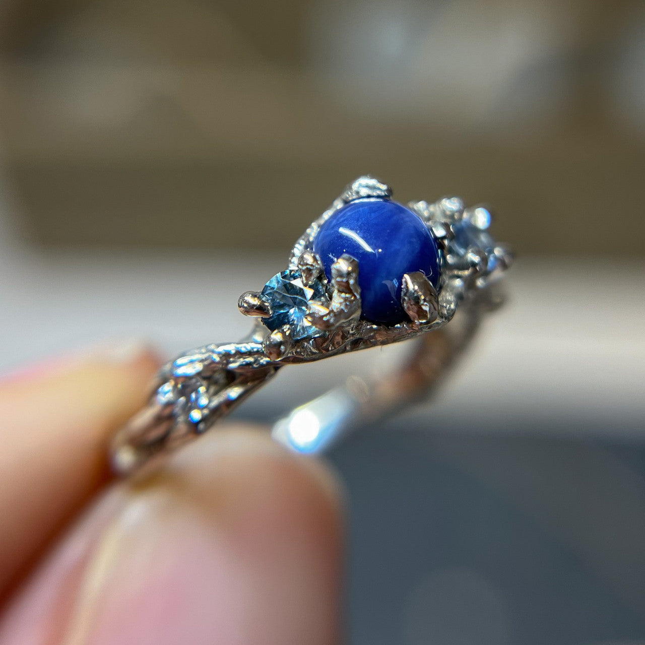 Platinum Woodland Star Sapphire Three Stone Ring