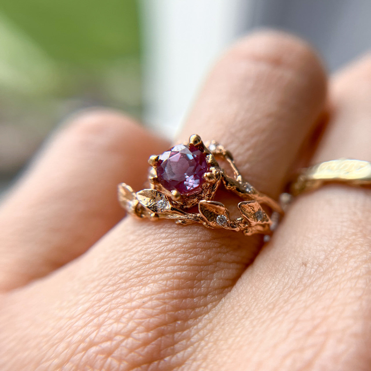 14K Rose Gold Naples Alexandrite Half Halo Ring and Flora Diamond Ring