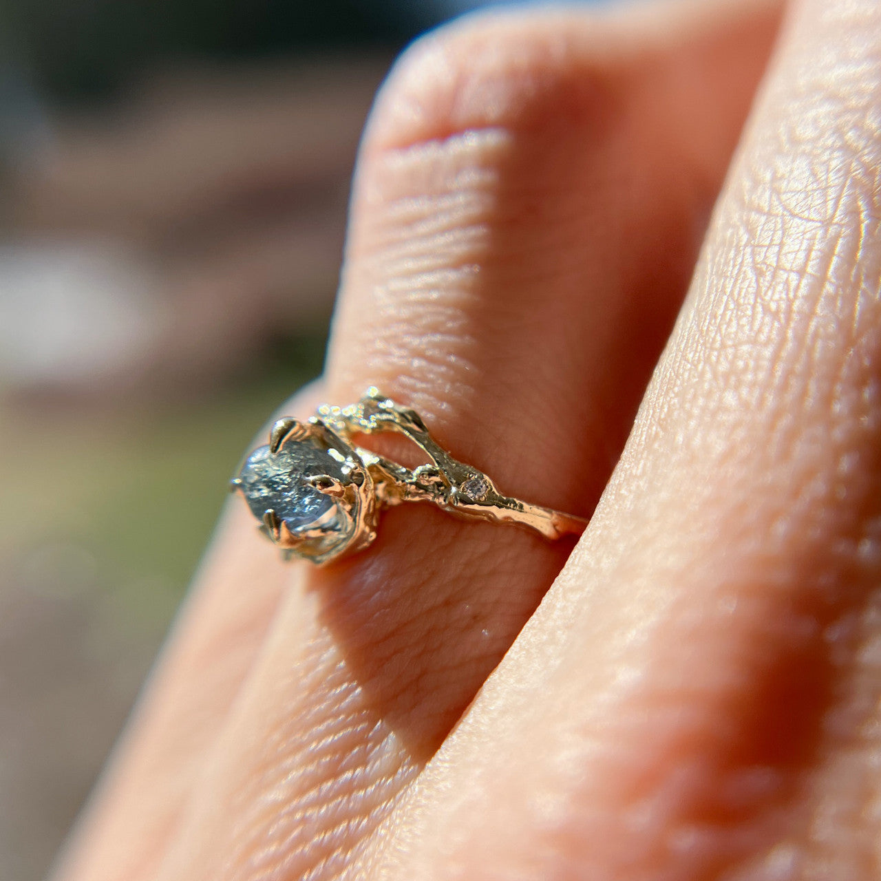 14K Yellow Gold Demi Naples Rough Montana Sapphire Half Halo Ring