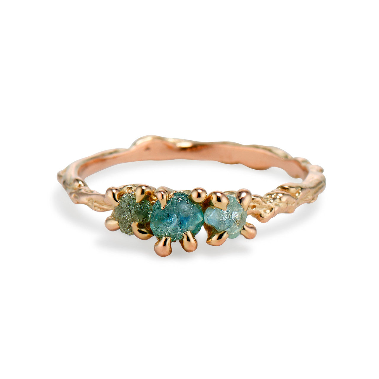 14K rose gold twig cast engagement ring with three uncut sapphires by Olivia Ewing Jewelry