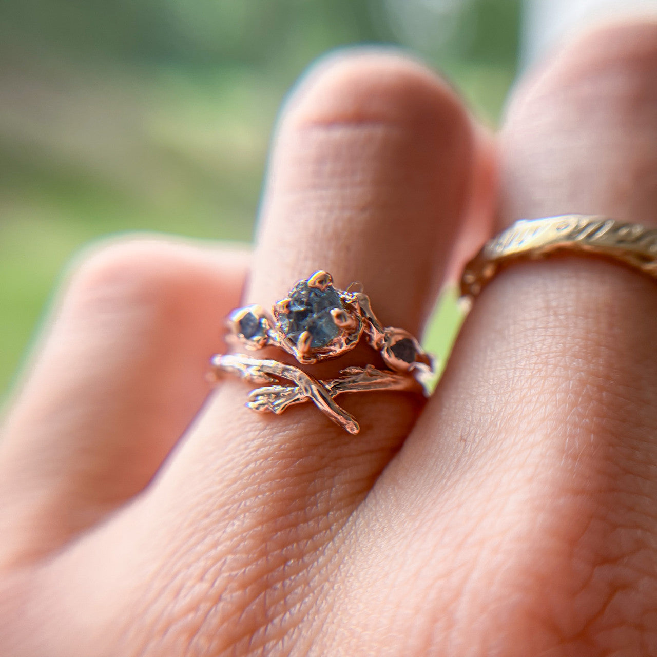 14K Rose Gold Demi Naples Rough Montana Sapphire Trio Ring