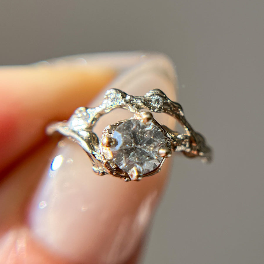 14K White Gold Demi Naples Salt & Pepper Diamond Half Halo Ring