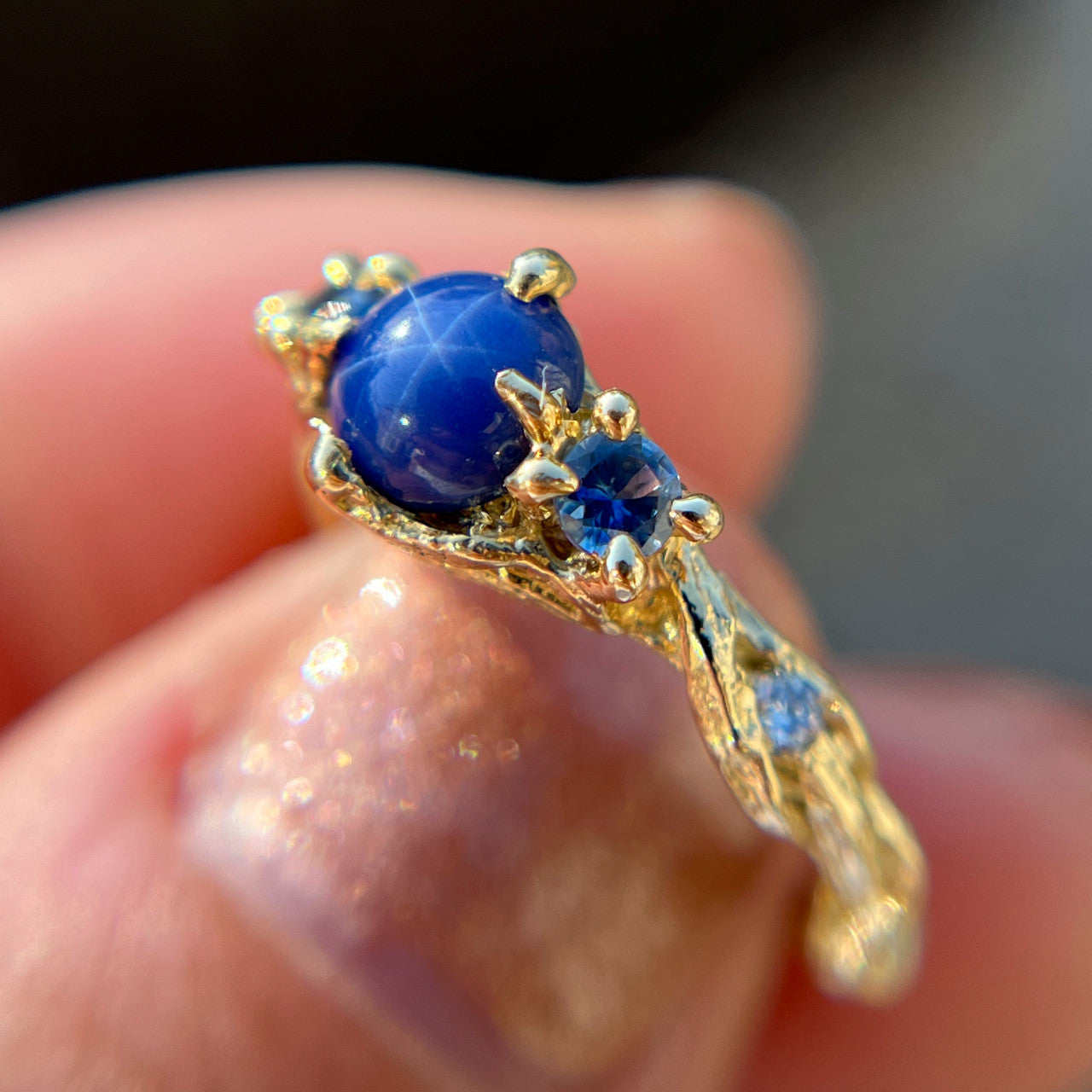 14K Yellow Gold Woodland Star Sapphire Three Stone Ring