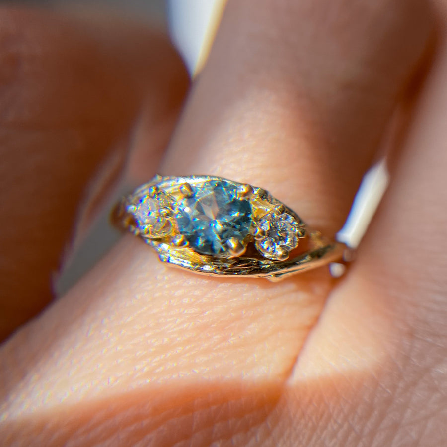 13K Yellow Gold Unity Montana Sapphire Three Stone Ring