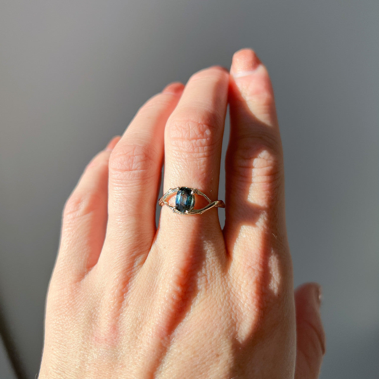 14K Yellow Gold Unity Oval Montana Sapphire Solitaire Ring by Olivia Ewing Jewelry
