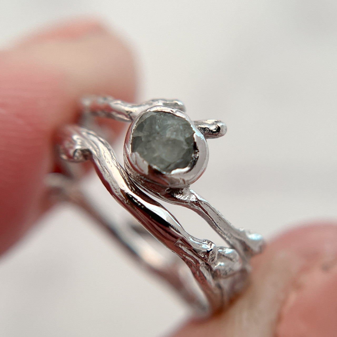 14K White Gold Verona Rough Montana Sapphire Bezel Ring by Olivia Ewing Jewelry