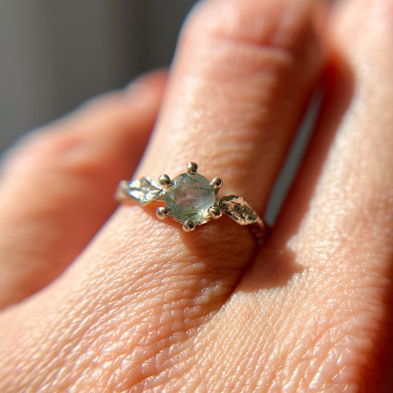 14K White Gold Flora Moss Agate Solitaire Ring
