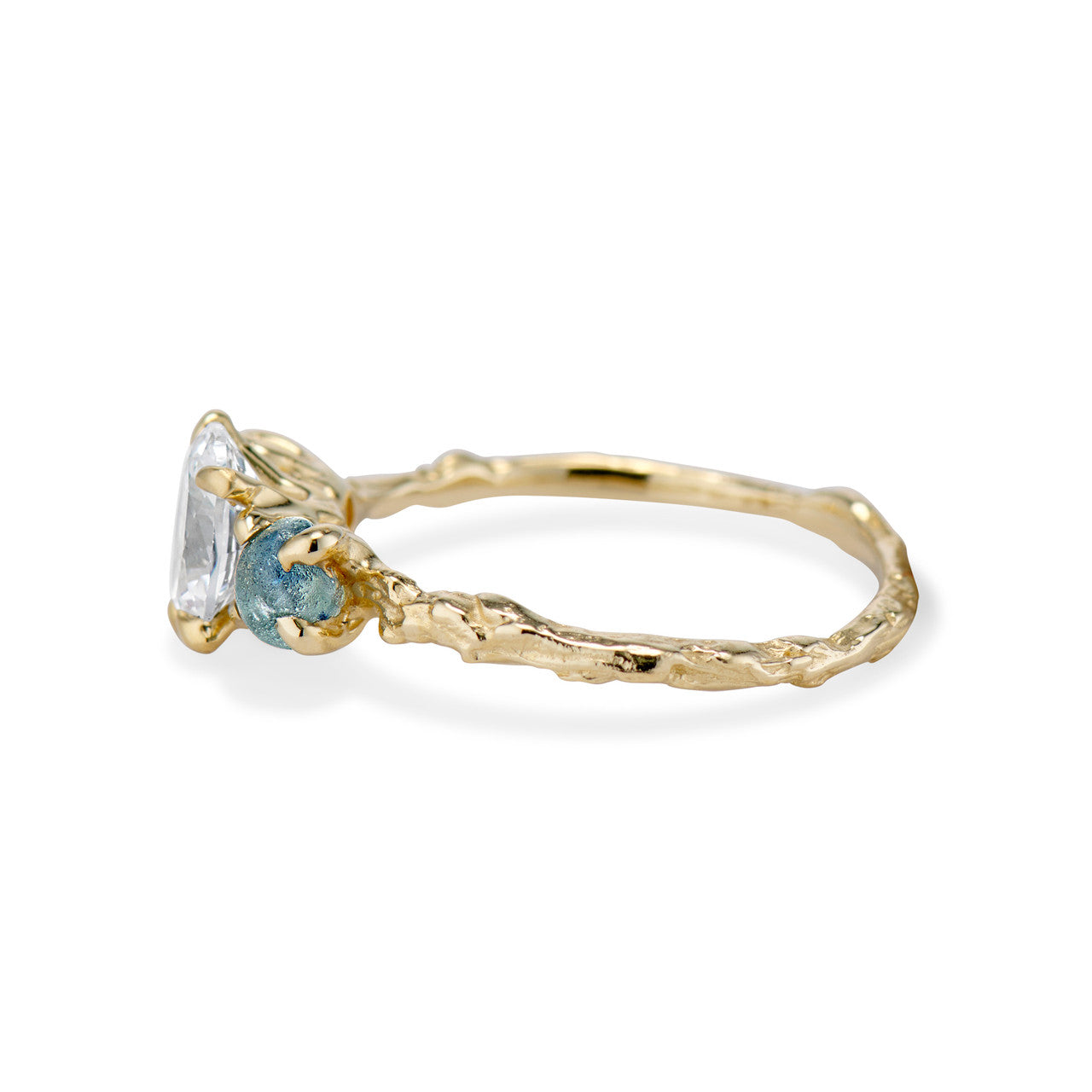 Naples Oval Diamond and Montana Sapphire Three Stone Ring